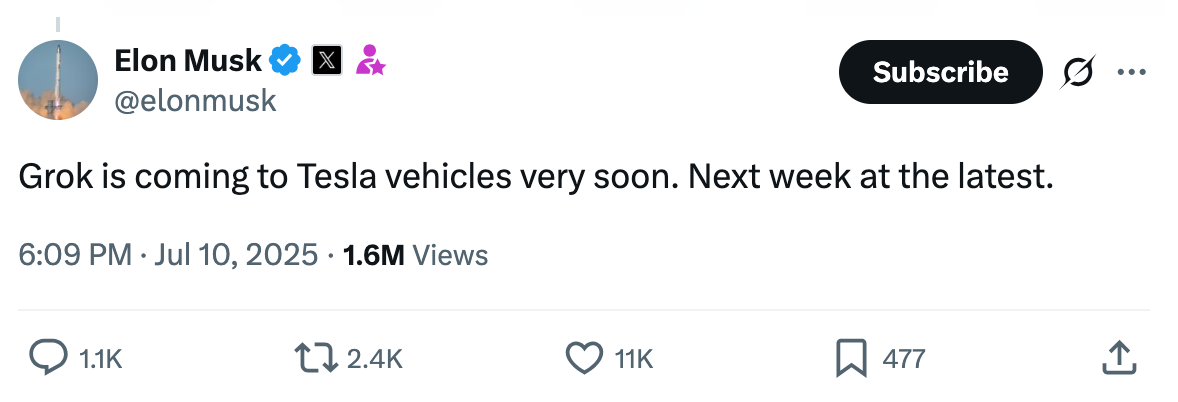 Elon Musk Announces AI Chatbot Grok to Be Integrated into Tesla Vehicles